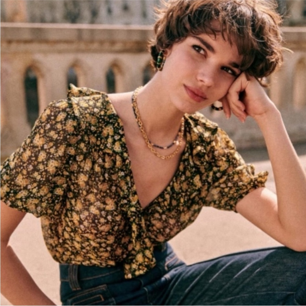 Sézane Irena Black Yellow Floral Ruffle Short Sleeve Blouse FR 34